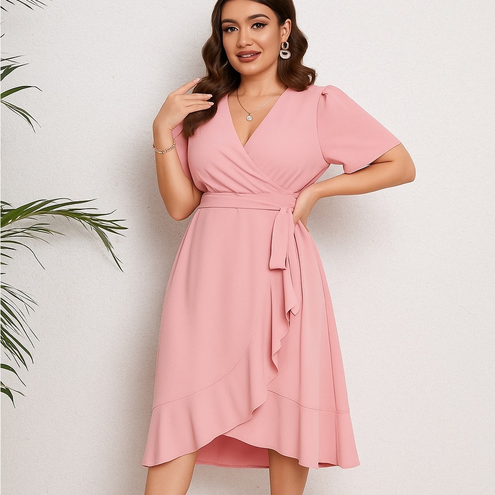 SHEIN Pink Wrap Midi Dress